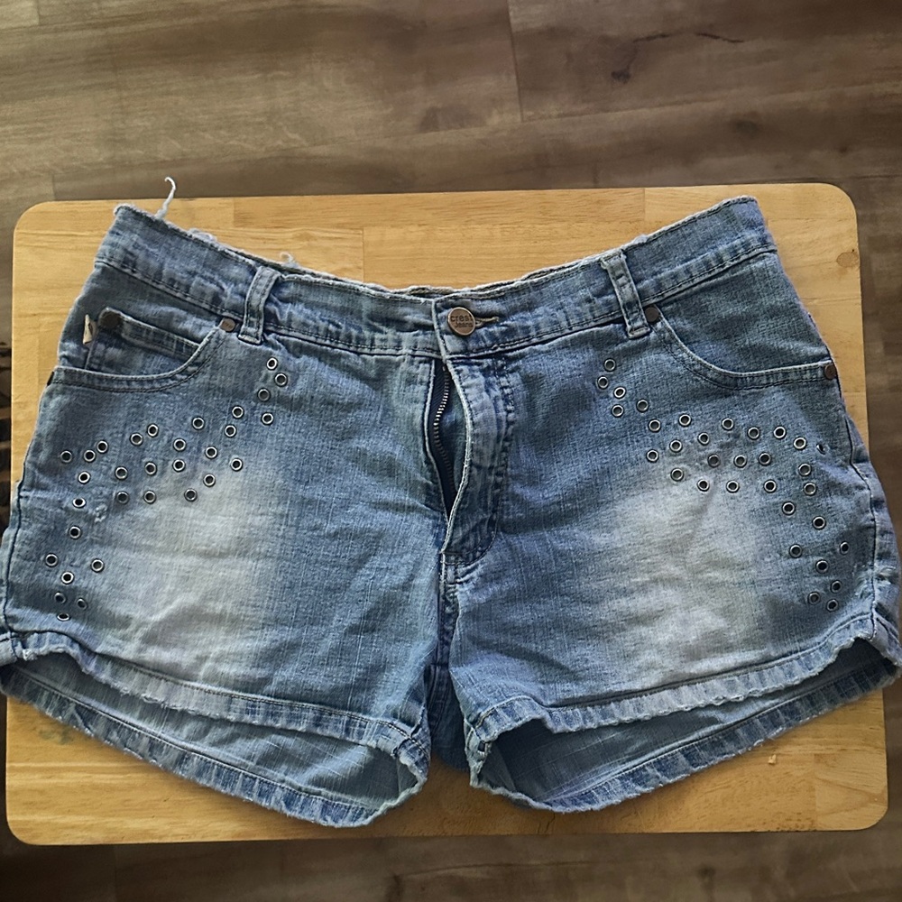 Trendy Blue Jean Shorts with Eyelet Accents